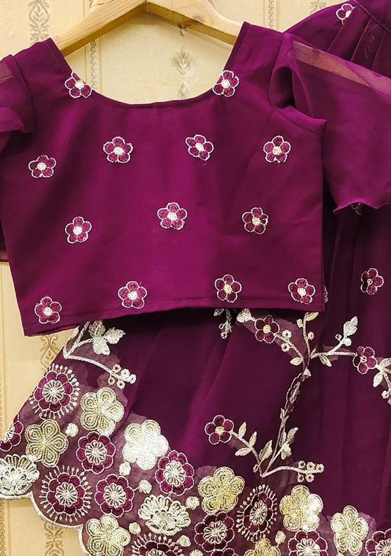 Purple Embroidered Silk Lehenga Choli For Girls - Indya