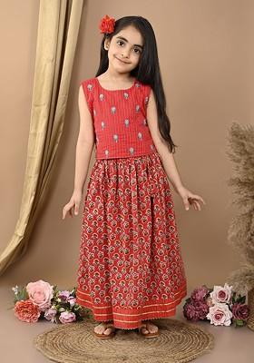 Red Embroidered Cotton Blend Lehenga Choli For Girls