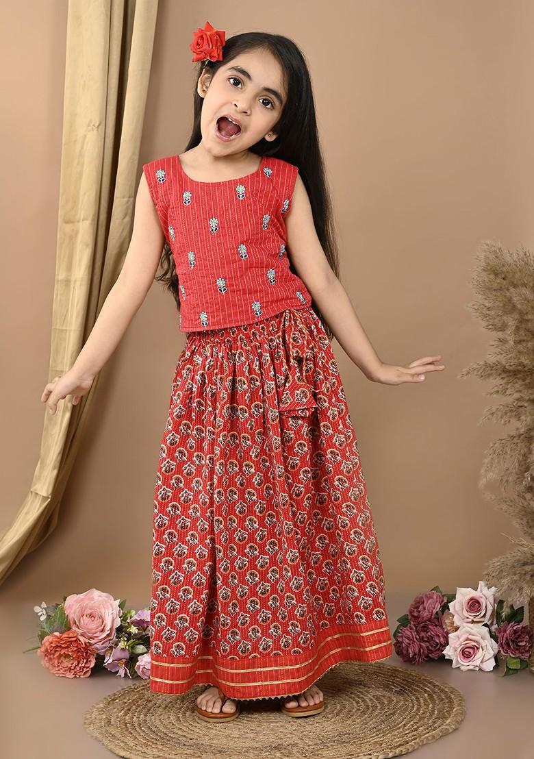 Red Embroidered Cotton Blend Lehenga Choli For Girls - Indya