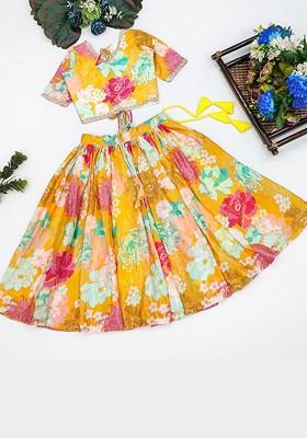Yellow Embroidered Silk Lehenga Choli For Girls