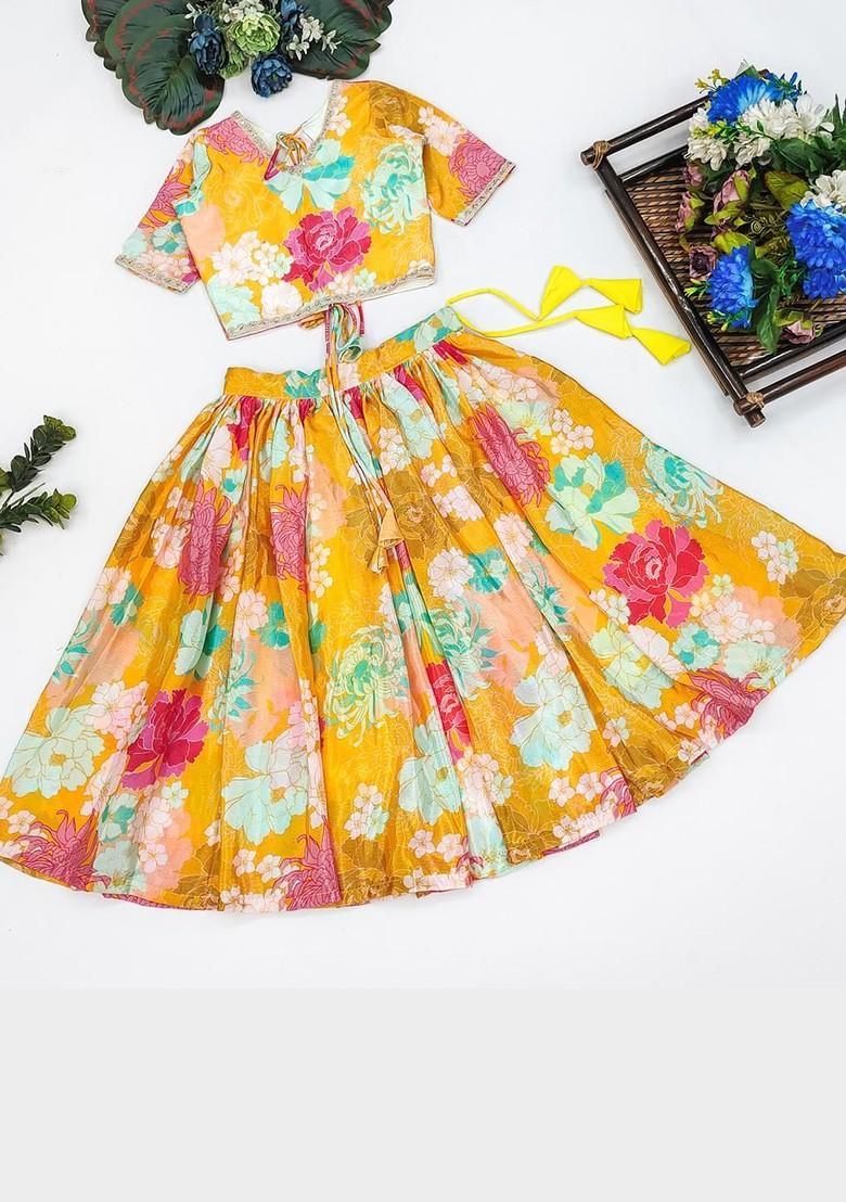 Yellow Embroidered Silk Lehenga Choli For Girls - Indya