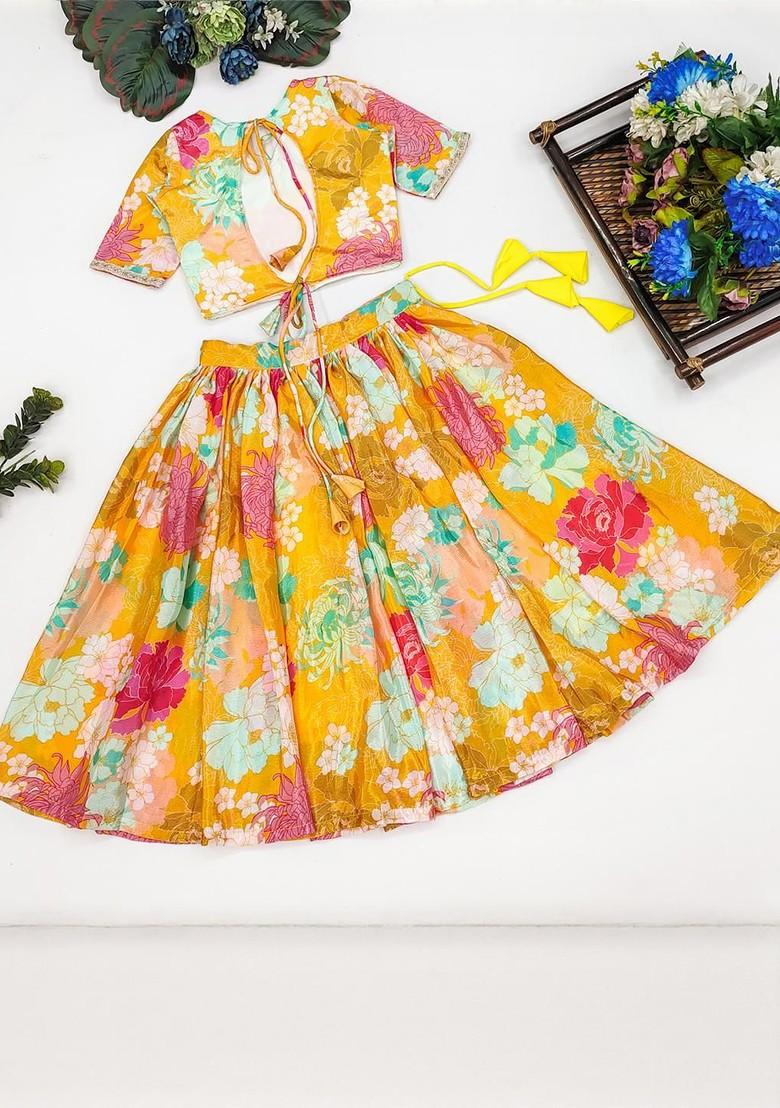 Yellow Embroidered Silk Lehenga Choli For Girls - Indya