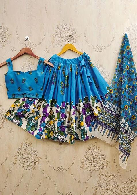 Sea Green Printed Blended Lehenga Choli For Girls — view on Indya