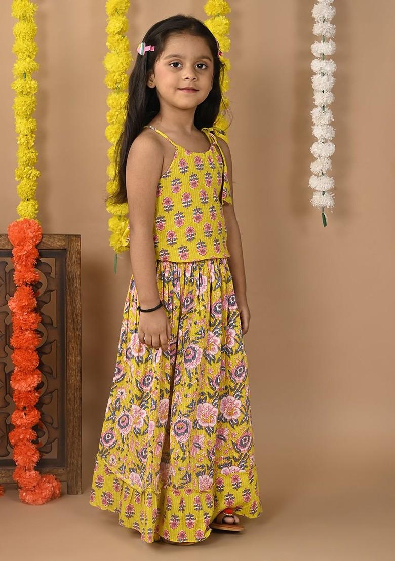 Yellow Printed Cotton Blend Lehenga Choli For Girls - Indya