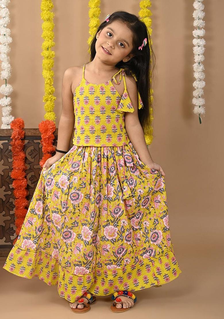 Yellow Printed Cotton Blend Lehenga Choli For Girls - Indya
