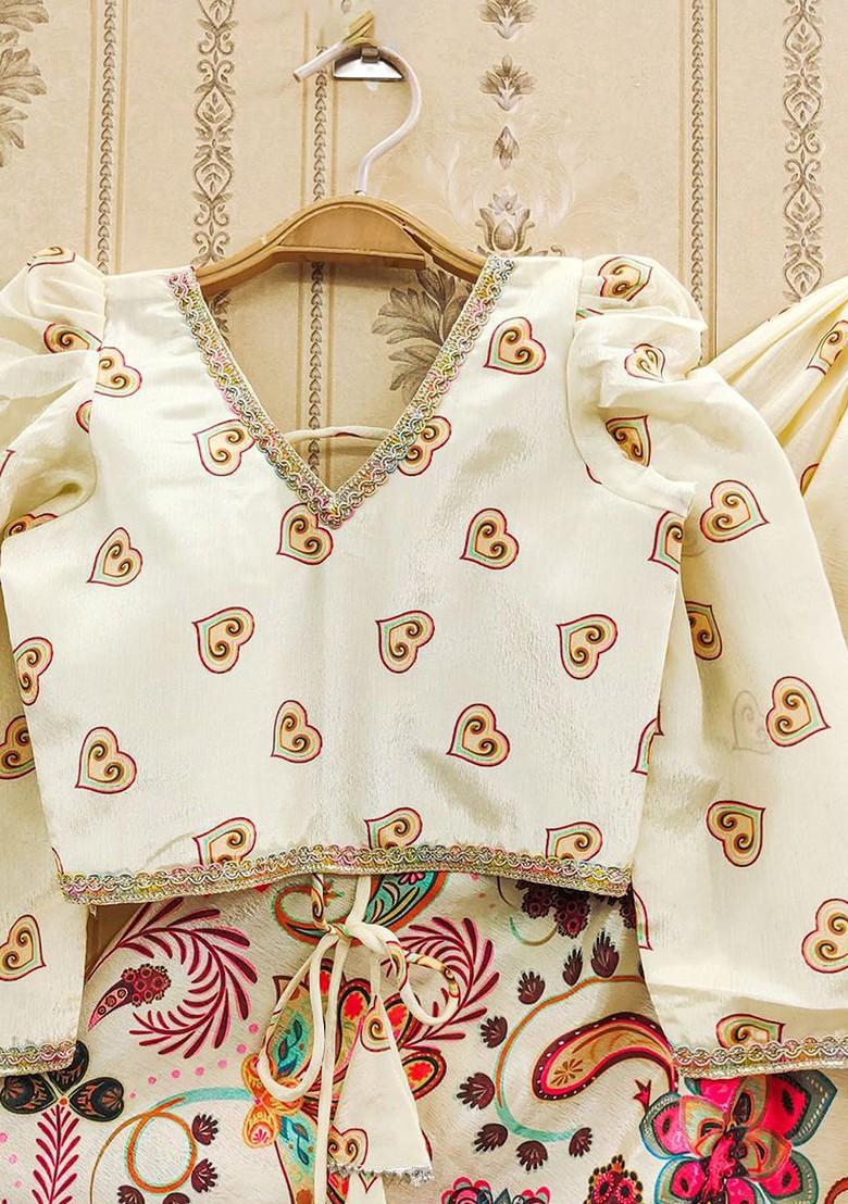 Cream Printed Blended Lehenga Choli For Girls - Indya