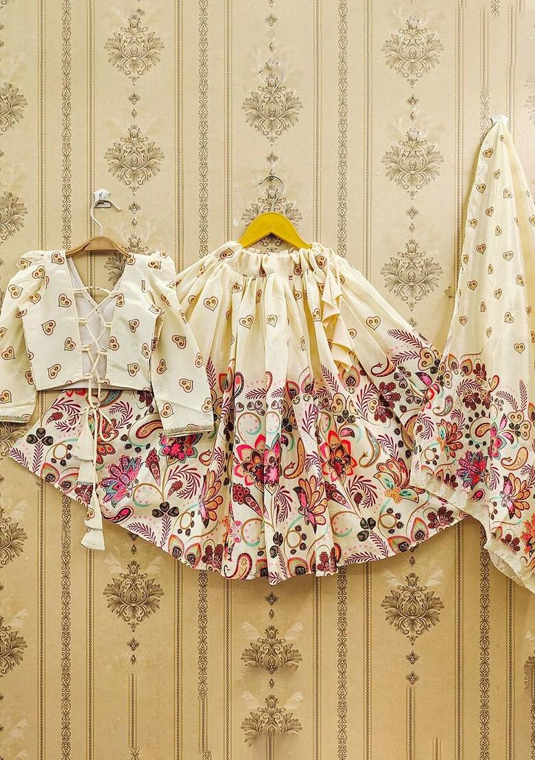 Cream Printed Blended Lehenga Choli For Girls - Indya