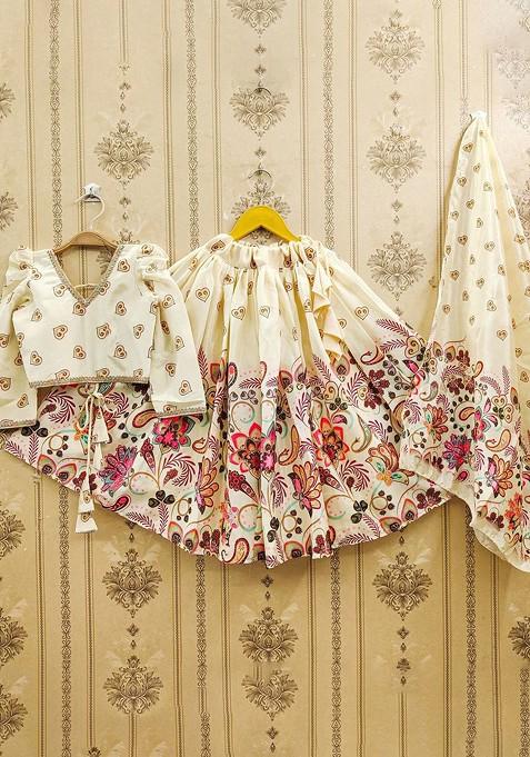 Cream Printed Blended Lehenga Choli For Girls