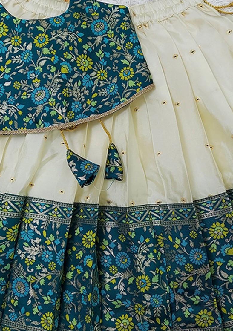Cream Printed Blended Lehenga Choli For Girls - Indya