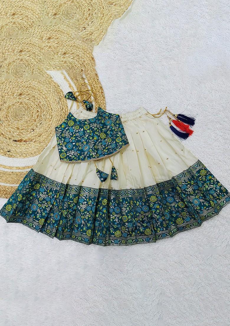 Cream Printed Blended Lehenga Choli For Girls - Indya