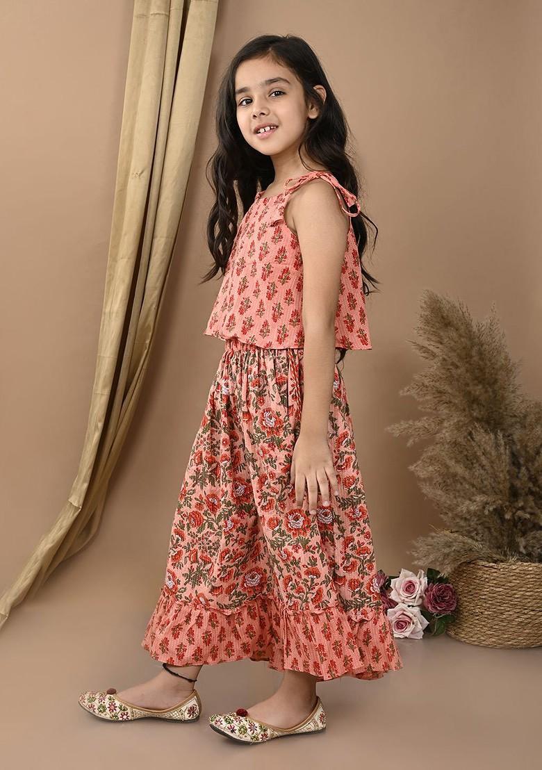 Peach Printed Cotton Blend Lehenga Choli For Girls - Indya