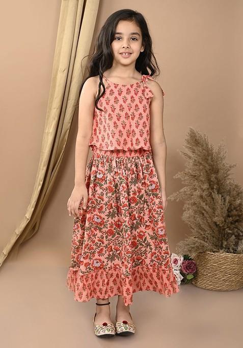 Peach Printed Cotton Blend Lehenga Choli For Girls — view on Indya