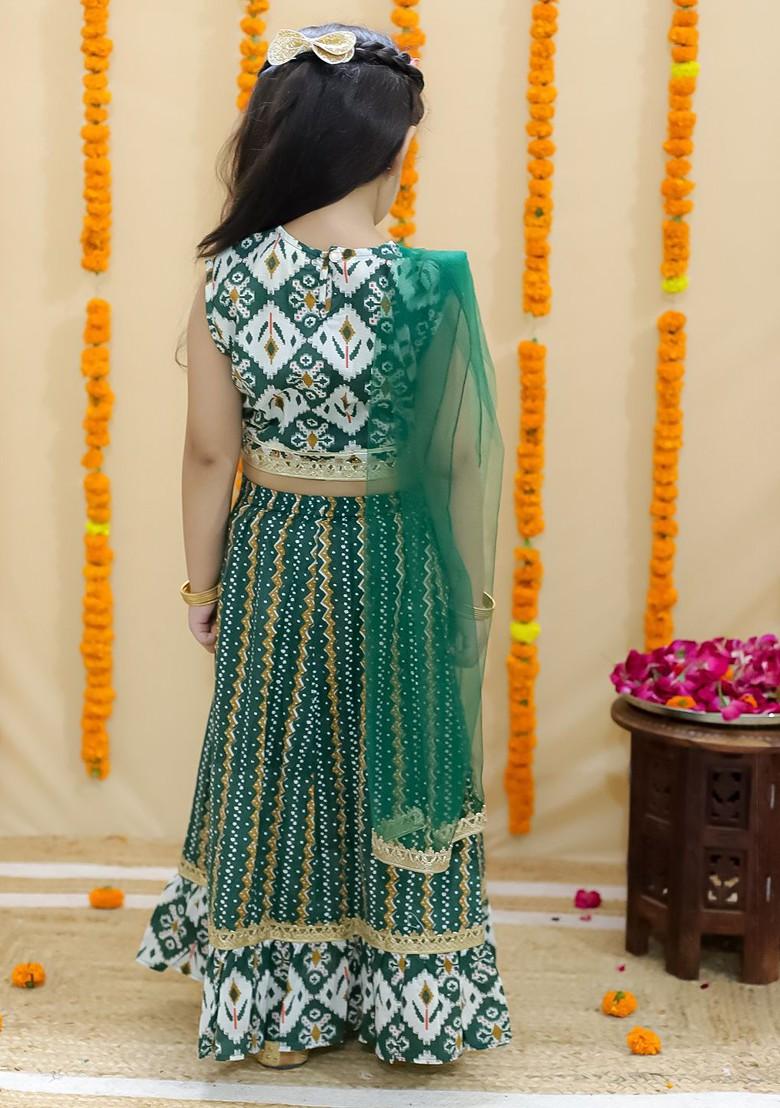 Green Printed Cotton Blend Lehenga Choli For Girls - Indya