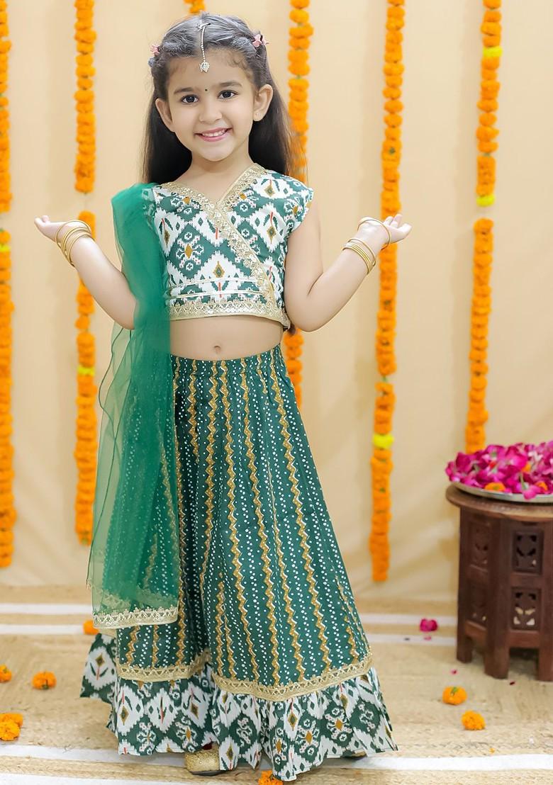 Green Printed Cotton Blend Lehenga Choli For Girls - Indya