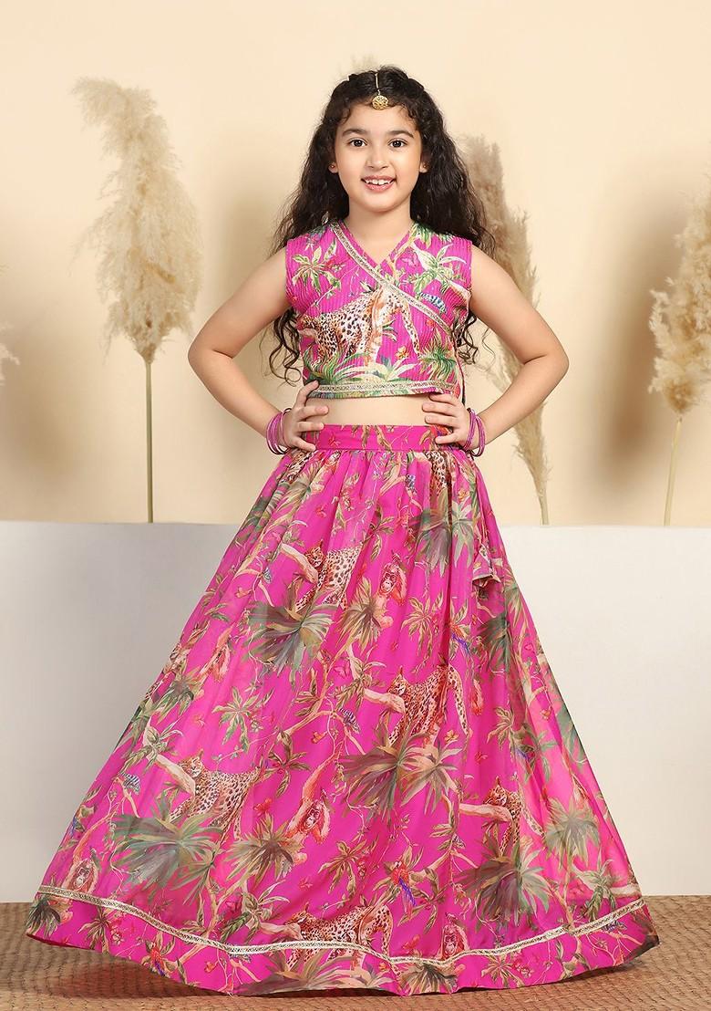 Pink Printed Blended Lehenga Choli For Girls - Indya