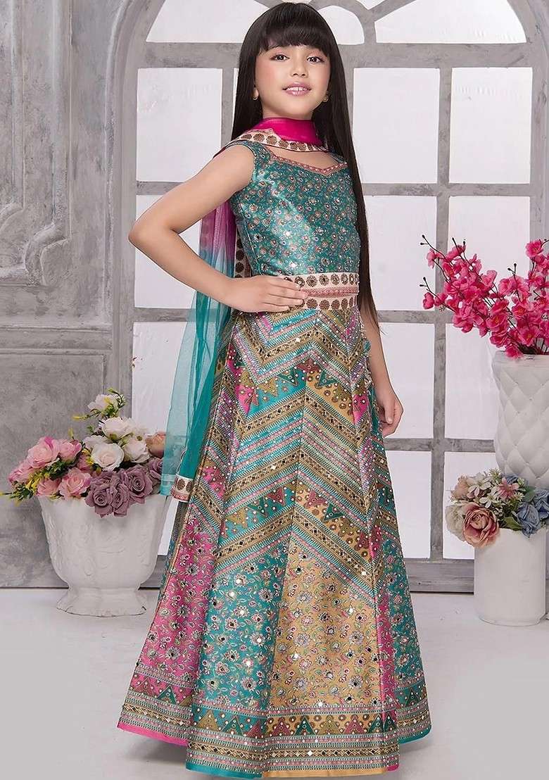 Multicolor Embroidered Silk Lehenga Choli For Girls - Indya