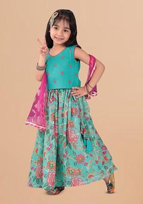 Turquoise Blue Embroidered Cotton Blend Lehenga Choli For Girls