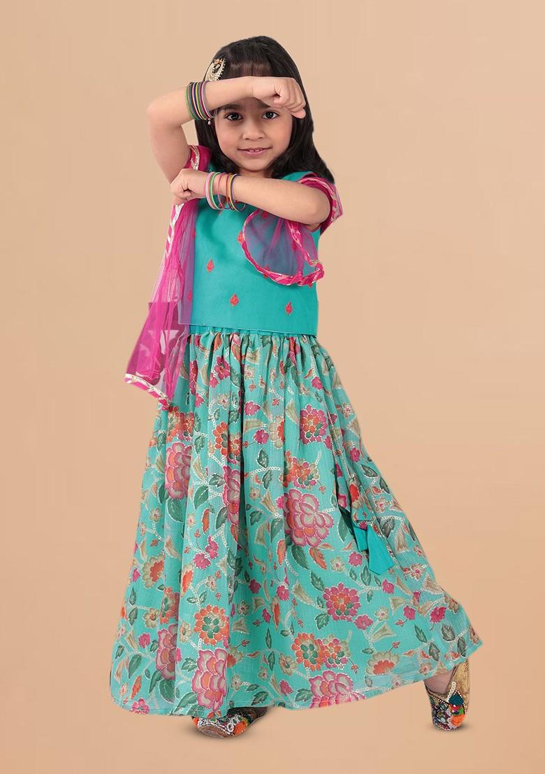 Turquoise Blue Embroidered Cotton Blend Lehenga Choli For Girls - Indya