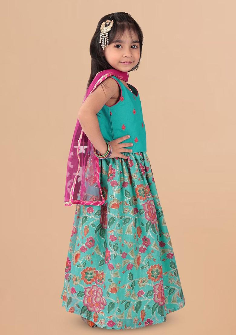 Turquoise Blue Embroidered Cotton Blend Lehenga Choli For Girls - Indya