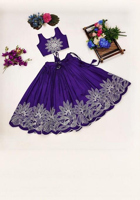Violet Embroidered Silk Lehenga Choli For Girls