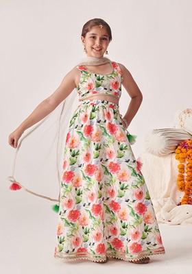 White Printed Blended Lehenga Choli For Girls