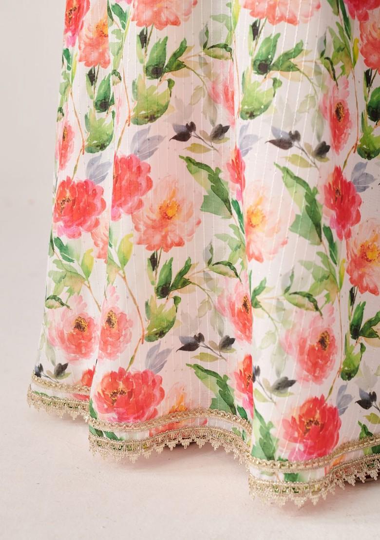 White Printed Blended Lehenga Choli For Girls - Indya