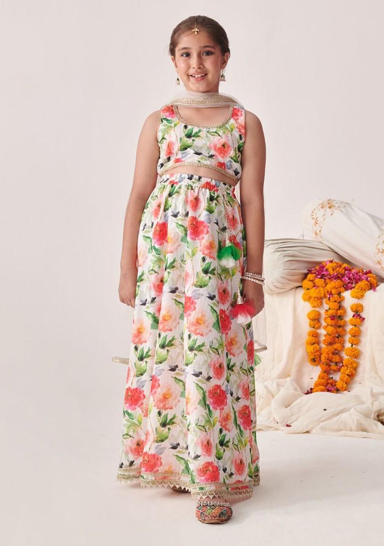 White Printed Blended Lehenga Choli For Girls - Indya