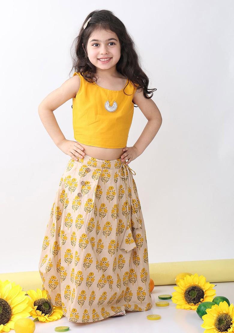 Yellow Printed Blended Lehenga Choli For Girls - Indya