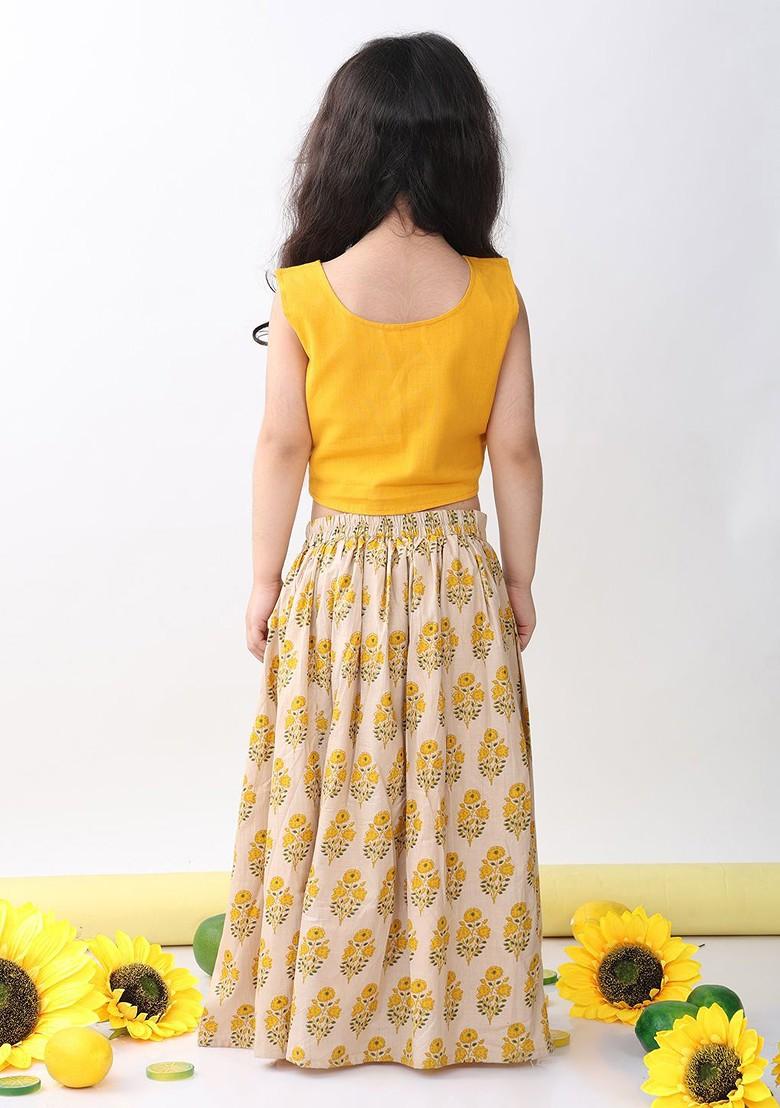 Yellow Printed Blended Lehenga Choli For Girls - Indya