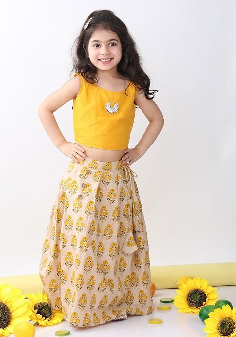 Yellow Printed Blended Lehenga Choli For Girls — view on Indya