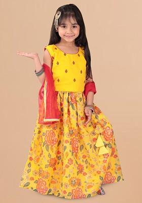 Yellow Embroidered Cotton Blend Lehenga Choli For Girls