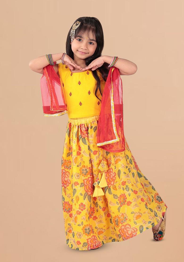Yellow Embroidered Cotton Blend Lehenga Choli For Girls - Indya
