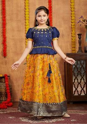 Navy Blue Embroidered Blended Lehenga Choli For Girls