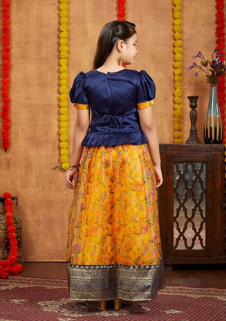 Navy Blue Embroidered Blended Lehenga Choli For Girls - Indya