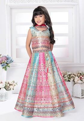 Blue Printed Silk Lehenga Choli For Girls