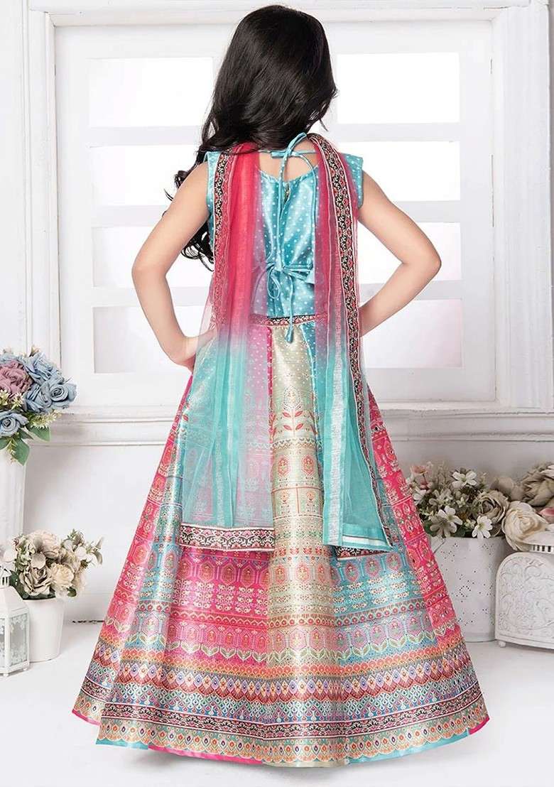 Blue Printed Silk Lehenga Choli For Girls - Indya