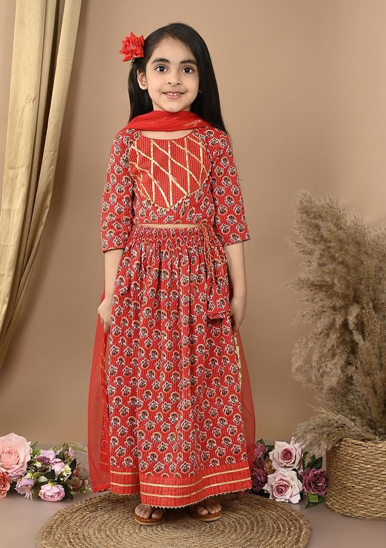 Red Printed Blended Lehenga Choli For Girls - Indya