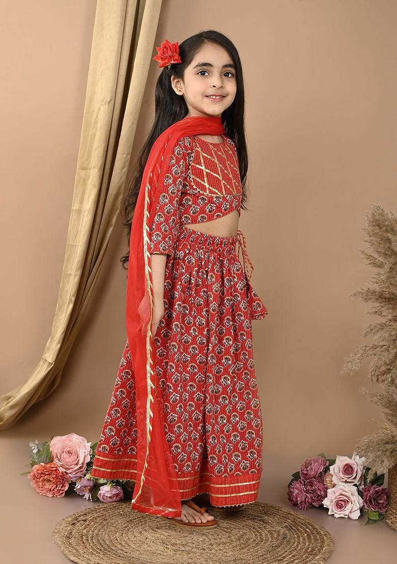 Red Printed Blended Lehenga Choli For Girls - Indya