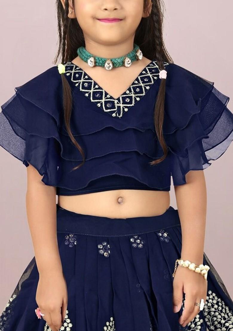 Navy Blue Embroidered Blended Lehenga Choli For Girls - Indya