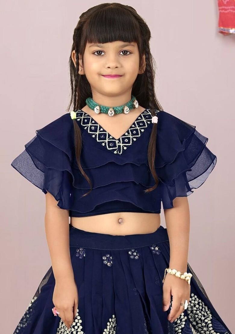 Navy Blue Embroidered Blended Lehenga Choli For Girls - Indya