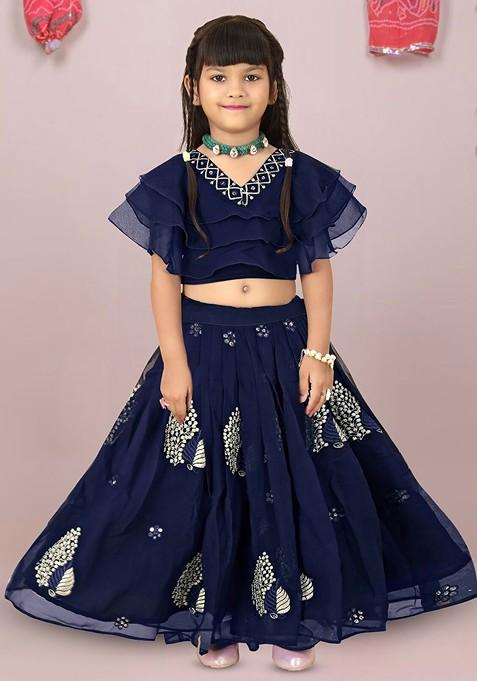 Navy Blue Embroidered Blended Lehenga Choli For Girls