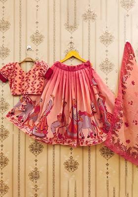 Pink Printed Blended Lehenga Choli For Girls