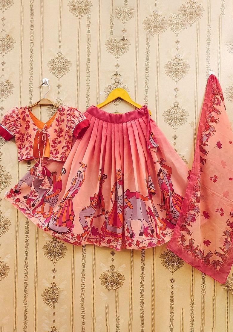 Pink Printed Blended Lehenga Choli For Girls - Indya