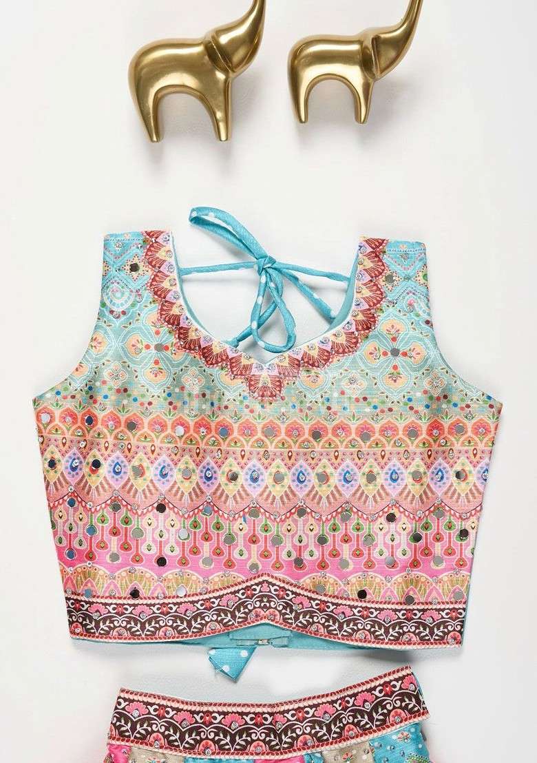 Blue Printed Silk Lehenga Choli For Girls - Indya