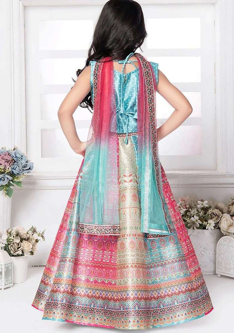 Blue Printed Silk Lehenga Choli For Girls - Indya