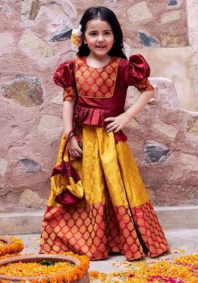 Maroon Embroidered Blended Lehenga Choli For Girls