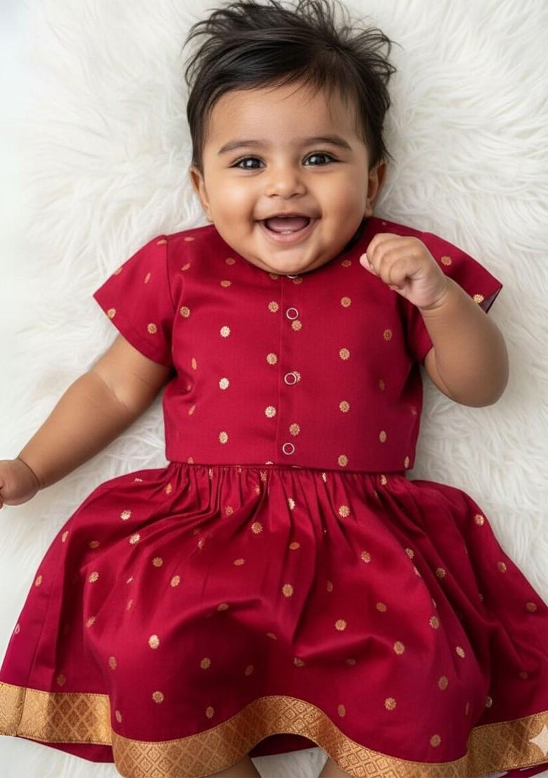 Maroon Embroidered Cotton Blend Lehenga Choli For Girls - Indya