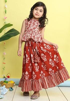 Red Embroidered Cotton Blend Lehenga Choli For Girls