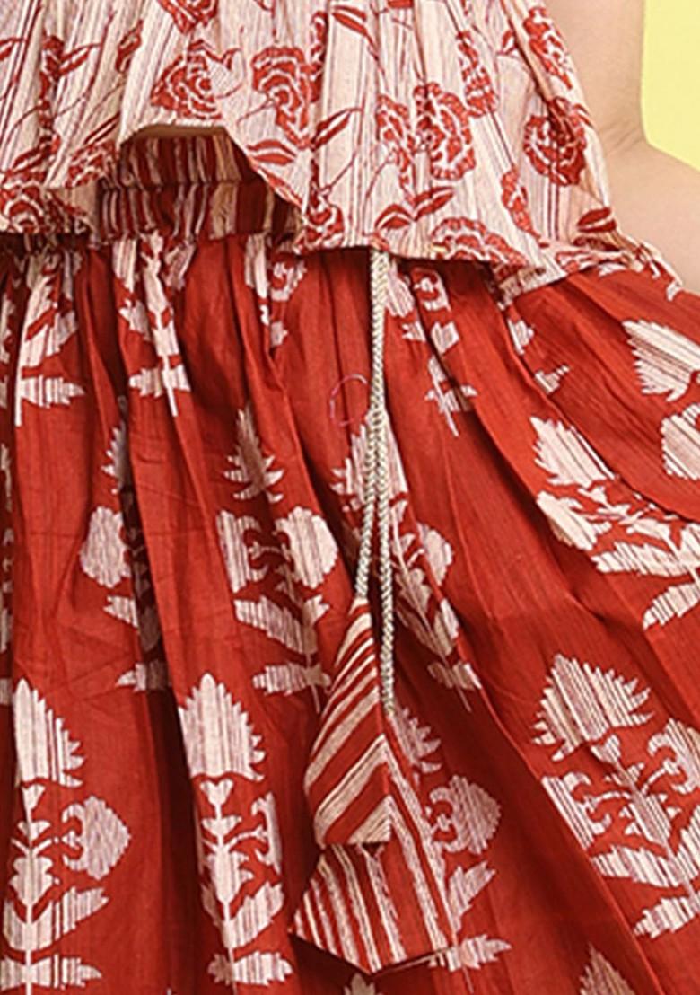 Red Embroidered Cotton Blend Lehenga Choli For Girls - Indya