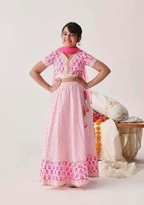 Pink Printed Blended Lehenga Choli For Girls